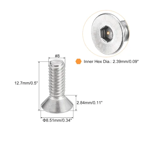 Miniatura 2 de uxcell tornillos de cabeza avellanada plana #8-32x1/2, 25 piezas de tornillos de cabeza plana con llave hexagonal de acero inoxidable 304, rosca