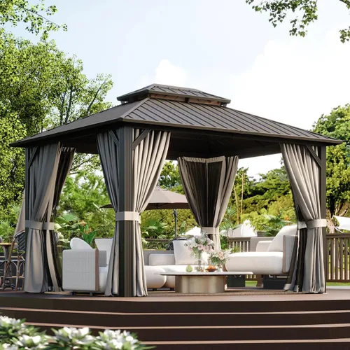 Gazebo de techo rígido de 10 x 12 pies, cenador de aluminio para exteriores con doble parte superior de acero galvanizado, pabellón de metal