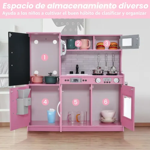 Miniatura 5 de HONEY JOY Set de cocina de madera de juguete para niños, juego de simulación de pequeño chef con pizarra, teléfono, utensilios, horno, microondas
