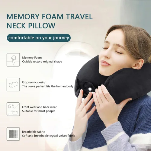 Miniatura 4 de Almohada de cuello de espuma viscoelástica para el cuello de avión con funda de terciopelo, almohada suave de avión para dormir, almohada de viaje