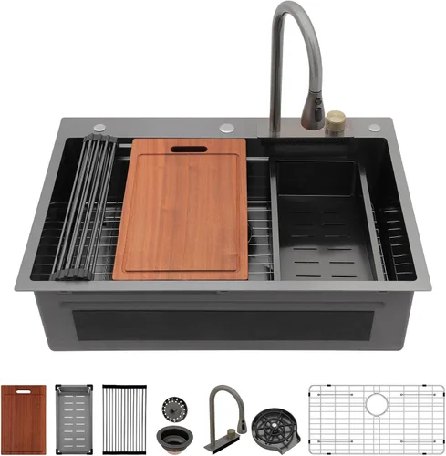 Miniatura 33 de Sarlai - Fregadero de cocina de cascada de 31 pulgadas, de montaje superior - 31x20 Fregadero de cocina con borde y estación de trabajo, de acero