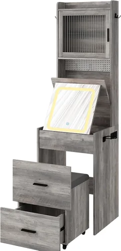 Miniatura 8 de Pequeño escritorio de maquillaje con espejo y luces, mesa de maquillaje con estación de carga y tableros de clavijas de bricolaje para espacios
