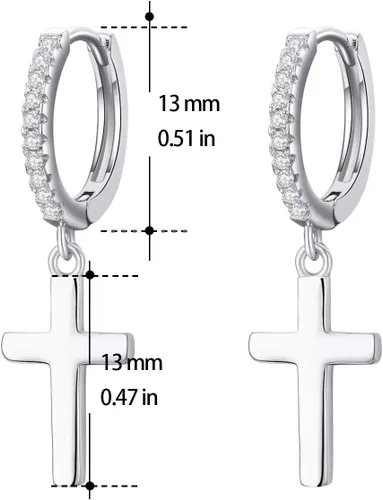 Miniatura 5 de Cuoka Aretes de aro de plata de ley 925 unisex con alas de ángel, plumas y cruz, aretes colgantes colgantes, aretes con bisagras, hipoalergénicos