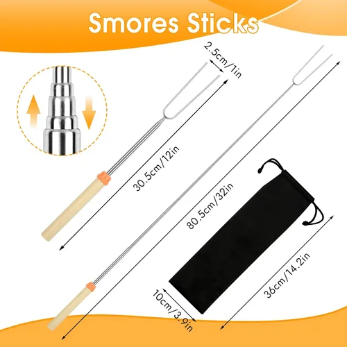 Miniatura 2 de 6 paquetes de pinchos para s'mores, 81 centímetros de pinchos para malvaviscos para fogata, pinchos extensibles para asar con bolsa, tenedor