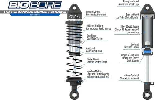 Miniatura 7 de Pro-Line Racing 1/10 Big Bore - Amortiguadores escaladores delanteros/traseros (3.543 in-3.740 in) para la mayoría de las orugas, PRO634300