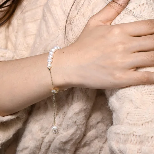 Miniatura 9 de Cowlyn Bossimi - Pulsera de perlas, eslabones de cultura barroca, chapado en oro de 14 quilates, ajustable, a la moda, dije de San Valentín, joyería