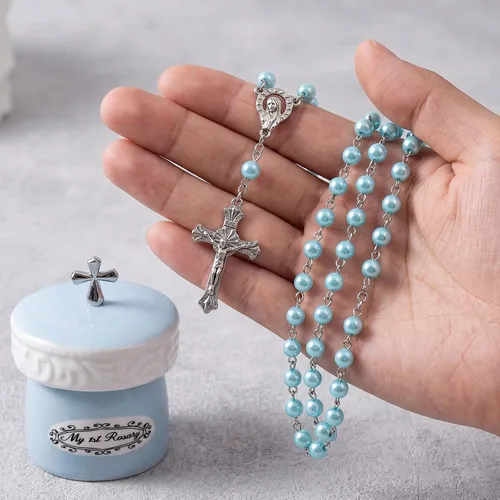Miniatura 5 de Grandeco My First Rosary Cross for Boy - Caja de recuerdo y rosario, juego de regalo, color azul