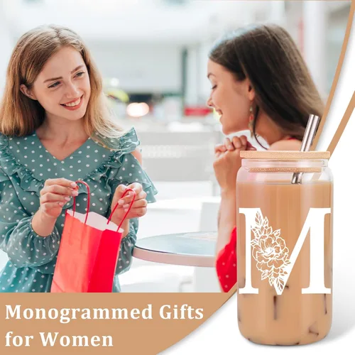 Miniatura 3 de Taza de Vidrio Inicial Coolife, Regalos Personalizados para Mujeres, Tazas de Vidrio de 16 oz con Tapas y Popotes, Jarra de Cerveza de Vidrio