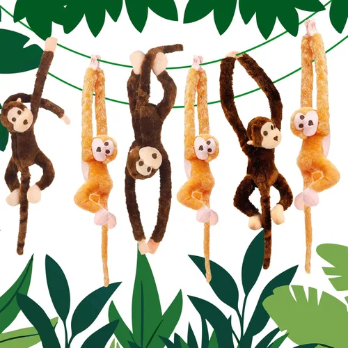 Miniatura 8 de Hungdao 6 paquetes de mono colgante de peluche de la selva con gancho y bucle, mono de peluche colgante para fiesta de la selva para VBS escuela