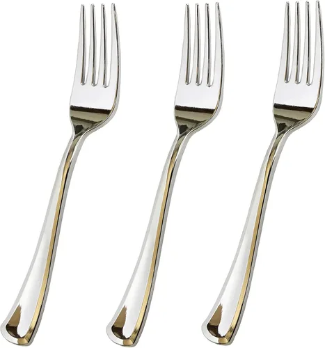 Miniatura 7 de Juego de cubiertos de plástico plateado de 300 piezas, cubiertos de plástico reciclable reutilizable, utensilio de plástico plateado, 100 tenedores