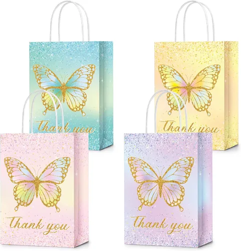 TaoBary - 24 bolsas de regalo de mariposa con asas, regalo de mariposa con texto en inglés "Thank You for Fluttering by Treat", bolsas de regalo