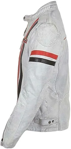 Miniatura 2 de UGFashions Mens Vintage Cafe Racer Retro White Motorcycle Red Black Stripes Biker Cowhide Leather Jacket