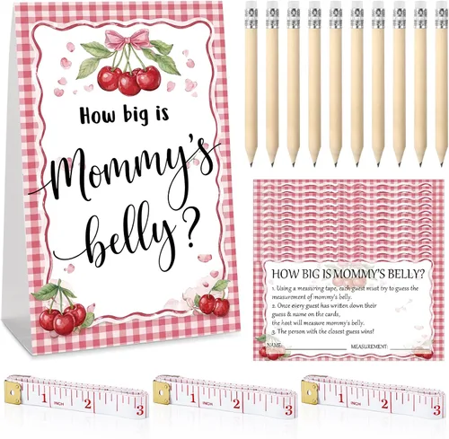 Miniatura 21 de Sabary 64 Piezas Juegos de Baby Shower Incluyen Letrero How Big is Mommy's Belly Sign Measure Bump Game 50 Tarjetas 10 Lápices 3 Cintas Métricas