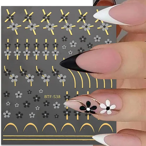 Miniatura 6 de Calcomanías de arte de uñas de línea francesa, línea dorada, negro, blanco, rojo, rosa, azul, flores, diseños autoadhesivos, calcomanías