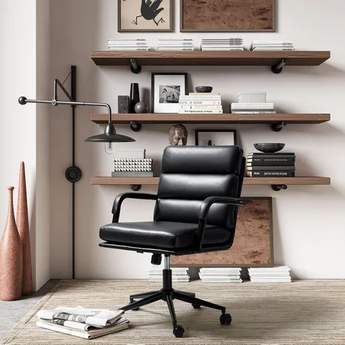 HULALA HOME Silla moderna de piel sintética para oficina en casa con bloqueo de inclinación y base de metal, silla de escritorio con ruedas y cojín