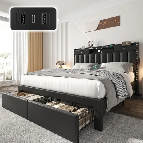 CypBed Base de cama de plataforma tapizada completa con cabecera de almacenamiento, puertos de carga USB y tipo C, 4 cajones, listones de madera