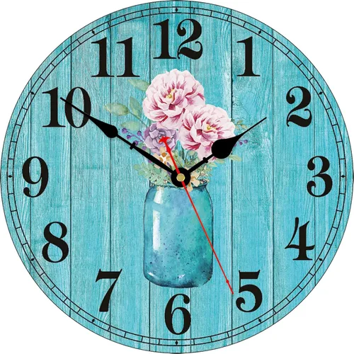 TAHEAT Reloj de pared de 12 pulgadas con flores color verde azulado, relojes florales vintage de madera, relojes de pared decorativos a pilas para