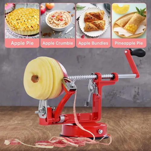 Miniatura 5 de Pelador de manzanas, cortador de patatas 3 en 1, acero inoxidable resistente con base de ventosa (rojo)
