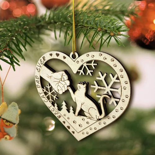 Miniatura 5 de Adorno de Madera Best Cat Dad Ever - Único para Amantes de Gatitos - Decoración Navideña en Forma de Corazón de Gato y Papá Chocando Puños - Adorno