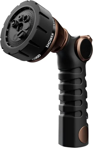 RESTMO - Boquilla de manguera resistente, rociador de manguera de jardín de metal con 7 patrones de riego, control con pulgar, válvula de encendido