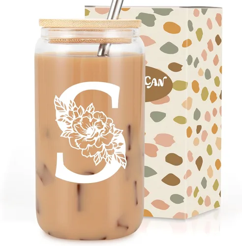 Miniatura 24 de Taza de Vidrio Inicial Coolife, Regalos Personalizados con Monograma para Mujeres, Tazas de Vidrio de 16 oz con Tapas y Popotes, Taza de Café