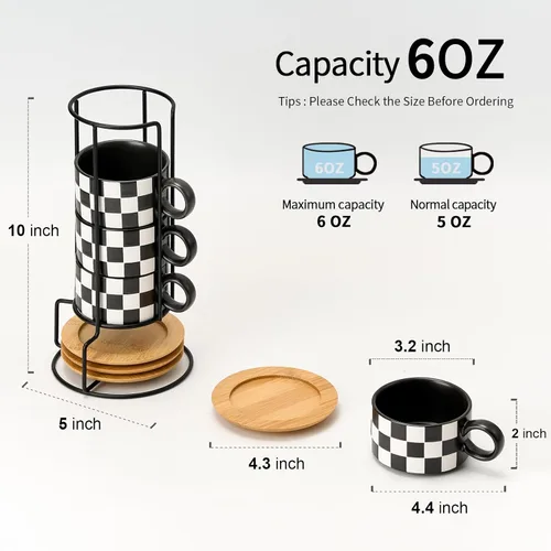 Miniatura 2 de LUKA - Juego de 4 tazas de café espresso apilables de cerámica con tablero de ajedrez en blanco y negro de 6 onzas, con platillos y soporte