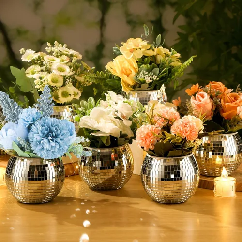 Miniatura 4 de 6 piezas de jarrón de bola de discoteca para centros de mesa, decoración de bola de discoteca, florero con espejo plateado para bodas, cumpleaños