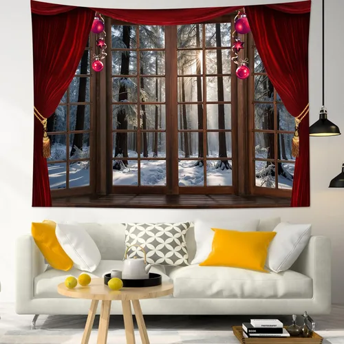 Miniatura 11 de LB Tapiz de Navidad de invierno, ventana de invierno exterior, pino nevado en bosque, tapiz de pared para dormitorio, paisaje de montaña, arte