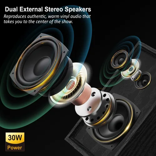Miniatura 5 de Tocadiscos Bluetooth con altavoces externos tocadiscos de transmisión por correa para discos de vinilo, altavoces estéreo duales, reproductores LP