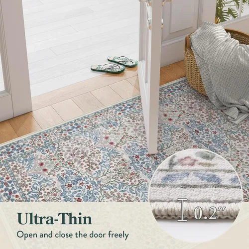Miniatura 6 de Lahome Tapete floral lavable, suave, para entrada y cocina, 2 x 3 pies, antideslizante, bohemio, ultradelgado, fácil de limpiar, para interior, Azul