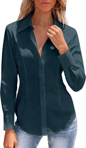 Miniatura 15 de Camisas con botones para mujer, camisa de vestir ajustada sin arrugas, blusa con cuello para trabajo, ropa de oficina, atuendo de otoño