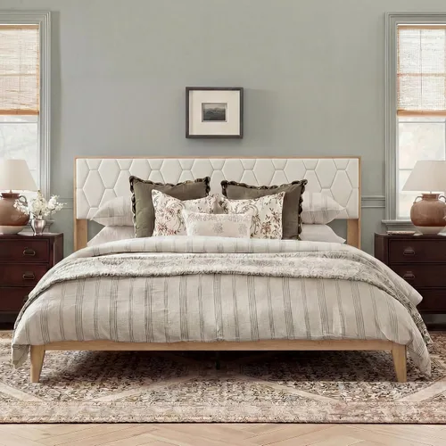 Miniatura 10 de Brafab Marco de cama de tamaño matrimonial, marco de cama de madera con cabecera de terciopelo capitoné de diamante, plataforma de madera