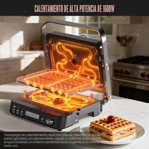 Miniatura 3 de CATTLEMAN Plancha para Parrilla Panini Sandwichera con Placas Extraíbles, 1600W, Waflera 6 en 1 y Parrilla Eléctrica para Interiores con Termómetro