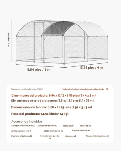 Miniatura 7 de VEVOR Gallinero de metal grande con paso, 13.1 x 9.8 x 6.5 pies para patio con cubierta impermeable, jaula grande para aves de corral
