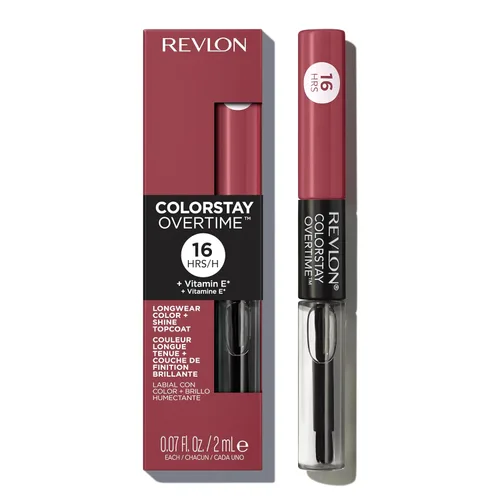 Revlon - Lápiz labial líquido Overtime con brillo de labios transparente, maquillaje facial ColorStay, doble extremo con vitamina E en ciruela/baya,