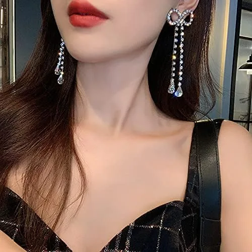 Miniatura 5 de Pendientes de diamantes de imitación hipoalergénicos para mujer, aretes colgantes de lazo de cristal de moda