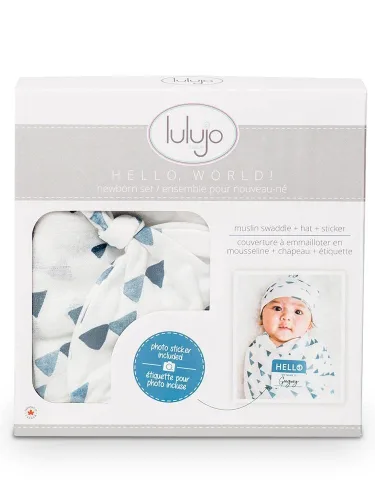 Miniatura 8 de Lulujo Baby Hello World - Juego de gorro y manta para recién nacido, triángulo azul azul ((Triangle Blue)