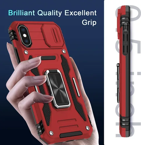 Miniatura 261 de DEERLAMN Funda para iPhone Xs Max con funda deslizante para cámara + protector de pantalla, soporte giratorio de anillo de grado militar a prueba