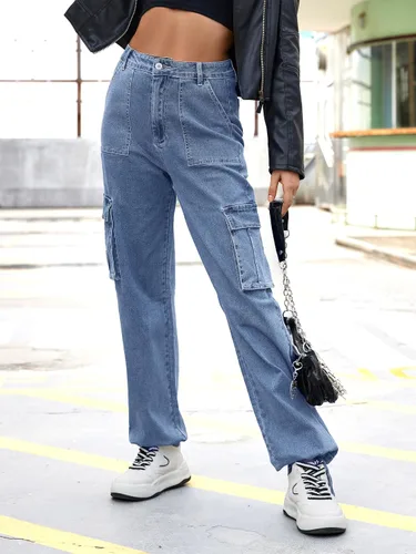 Miniatura 5 de ZMPSIISA Pantalones cargo de cintura alta para mujer, pantalones casuales de pierna ancha, 6 bolsillos, pantalones militares de combate