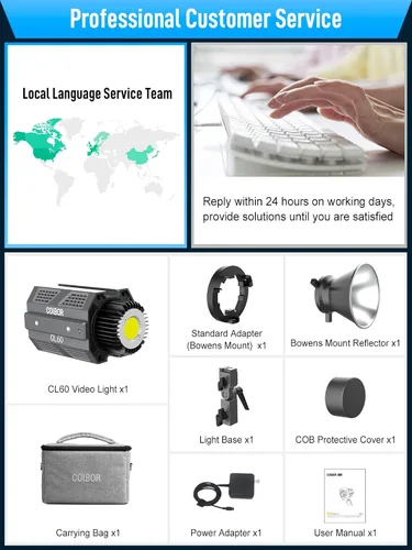 Miniatura 8 de Luz de video, COLBOR CL60 65W COB LED Iluminación de salida continua 2700k-6500K CRI97+ Monolight con montaje Bowens APP Control para disparos al