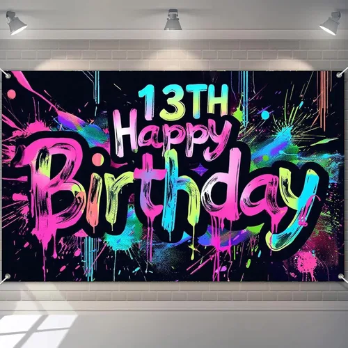 Miniatura 12 de HOMETITUTE Pancarta de Neón de Feliz 10mo Cumpleaños 71 x 43 pulgadas, Salpicadura de Pintura que Brilla en la Oscuridad, Telón de Fondo