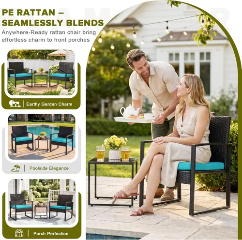 Miniatura 3 de Flamaker - Juego de muebles de mimbre para patio al aire libre, juego de bistró moderno con silla de ratán y mesa de café para jardín (Azul)