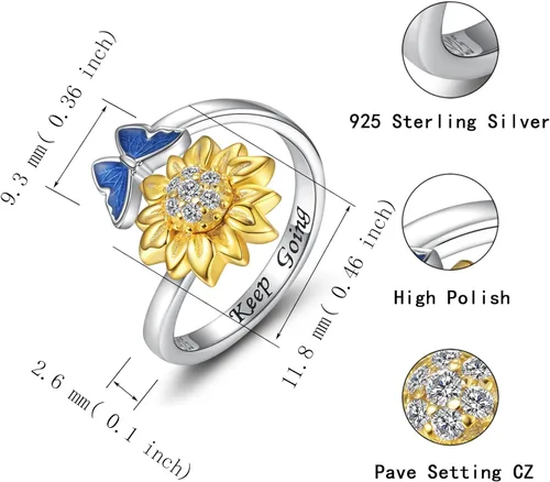 Miniatura 7 de oGoodsunj Anillo antiansiedad de plata esterlina 925 para mujer girasol abeja mariquita mariposa giratorio anillos tranquilos regalos de joyería