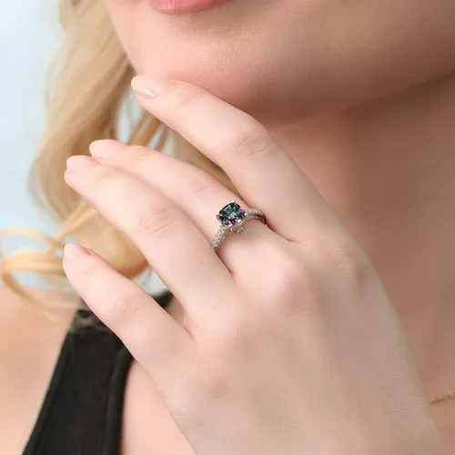 Miniatura 7 de Gem Stone King Anillo de compromiso de plata de ley 925 con piedra natal de 0.276 in y zafiro blanco creado Anillo de compromiso de boda