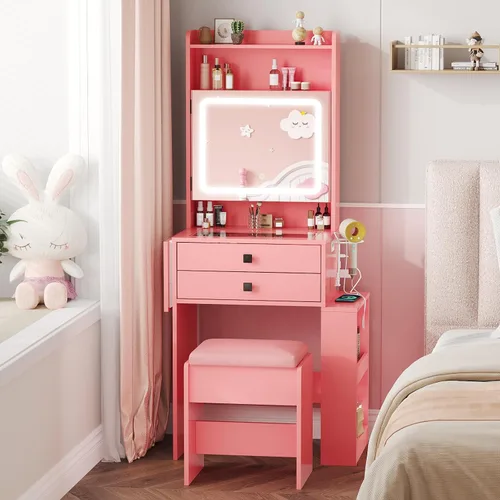 Miniatura 6 de Vabches Escritorio pequeño de maquillaje, 3 espejos iluminados ajustables, juego de tocador blanco, panel plegable, estación de carga, parte