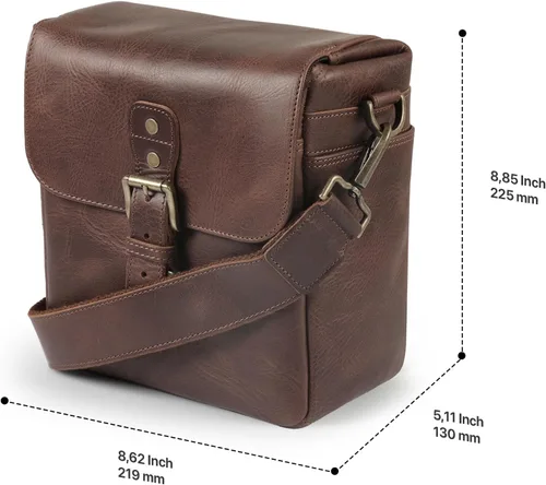 Miniatura 5 de Bolso bandolera para cámara de piel auténtica MegaGear, para cámaras mirrorless, dispositivo electrónico portátil Marrón