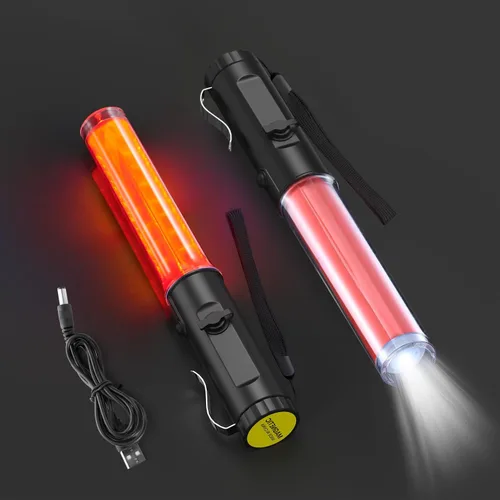 Paquete de 2 varitas de tráfico recargables, luz de bastón de control de tráfico de 10 pulgadas con 3 modos de parpadeo y 1 LED blanco en la parte