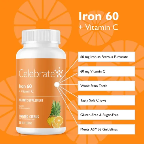 Miniatura 2 de Celebrate Vitamins Suplemento de Hierro con 60mg de Hierro y Vitamina C – Masticables de Cítricos para Pacientes Bariátricos, Soporte para Bypass