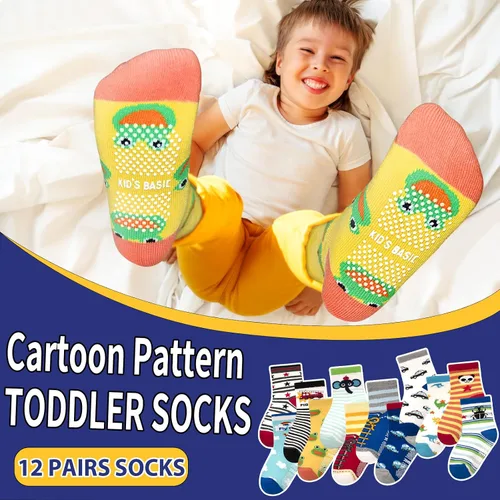 Miniatura 2 de HYCLES Calcetines Antideslizantes para Niños Pequeños, 12 Pares de Calcetines de Algodón con Agarre Antideslizante para Niños y Niñas de 1-7 años
