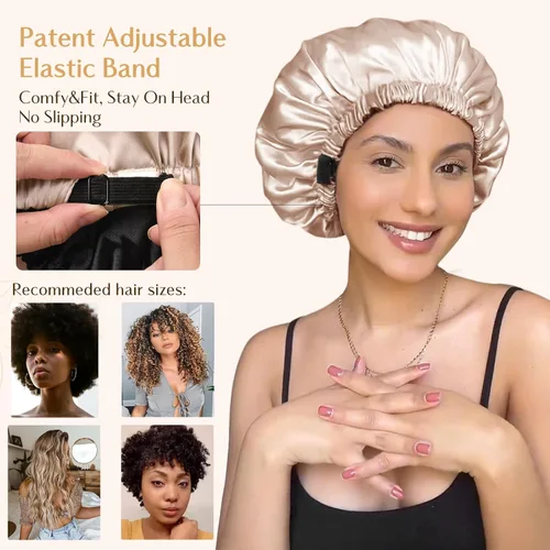 Miniatura 3 de YANIBEST Gorro de Satén Ajustable de Doble Capa para el Cabello para Dormir, Gorros para Mujeres, Sombreros para Cabello Natural Rizado, Champán
